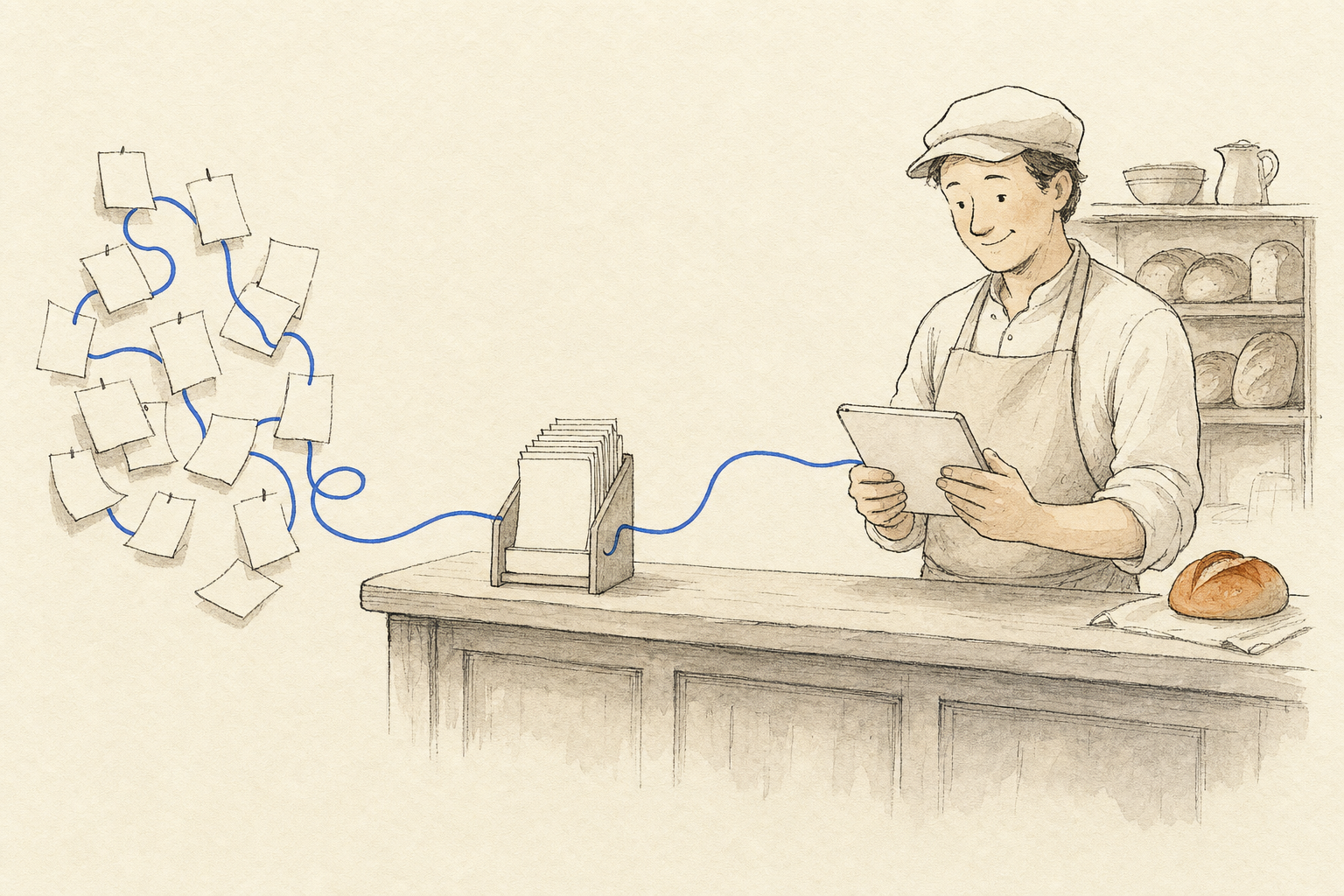 Ilustración: pedidos sueltos que un hilo azul ordena en un tablero de cocina; un panadero los revisa en una tablet.