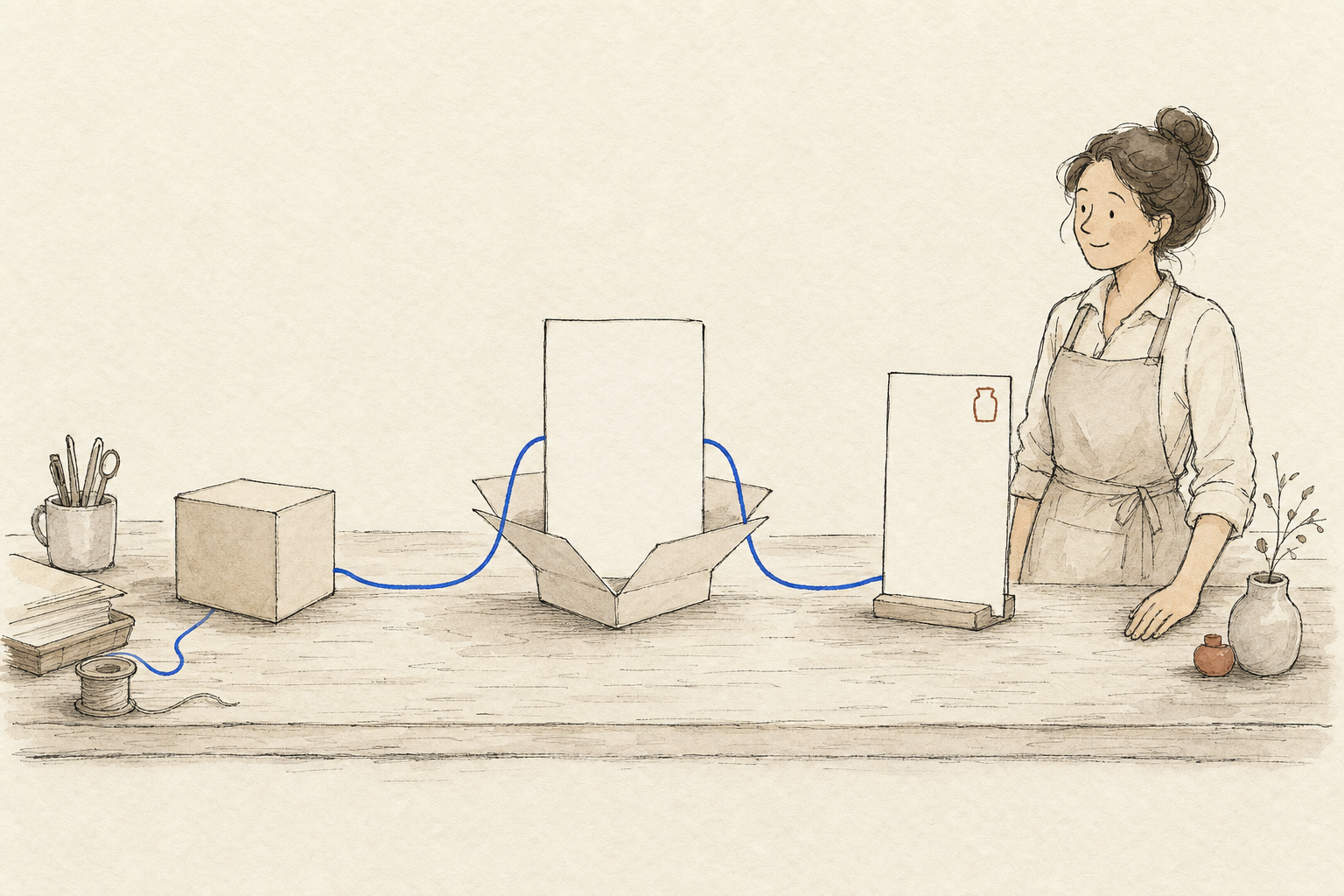 Ilustración: una caja de producto que se transforma en una página de tienda a lo largo de un hilo azul.