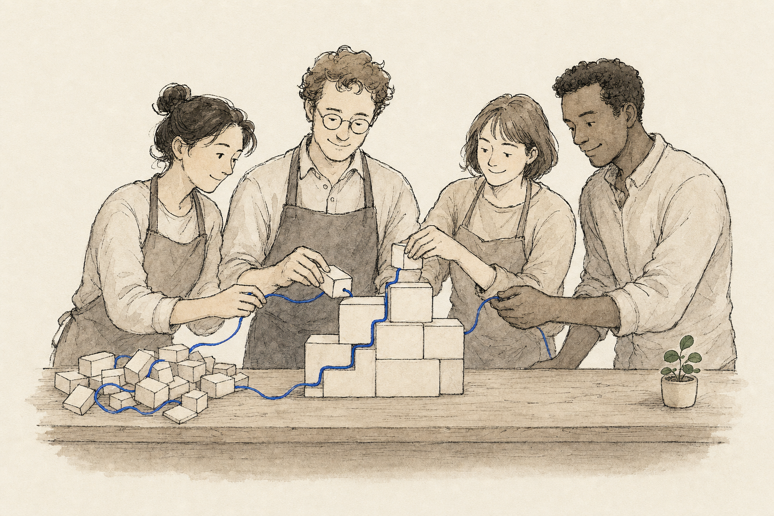 Ilustración: cuatro personas que arman juntas una pequeña estructura modular conectada por un hilo azul.
