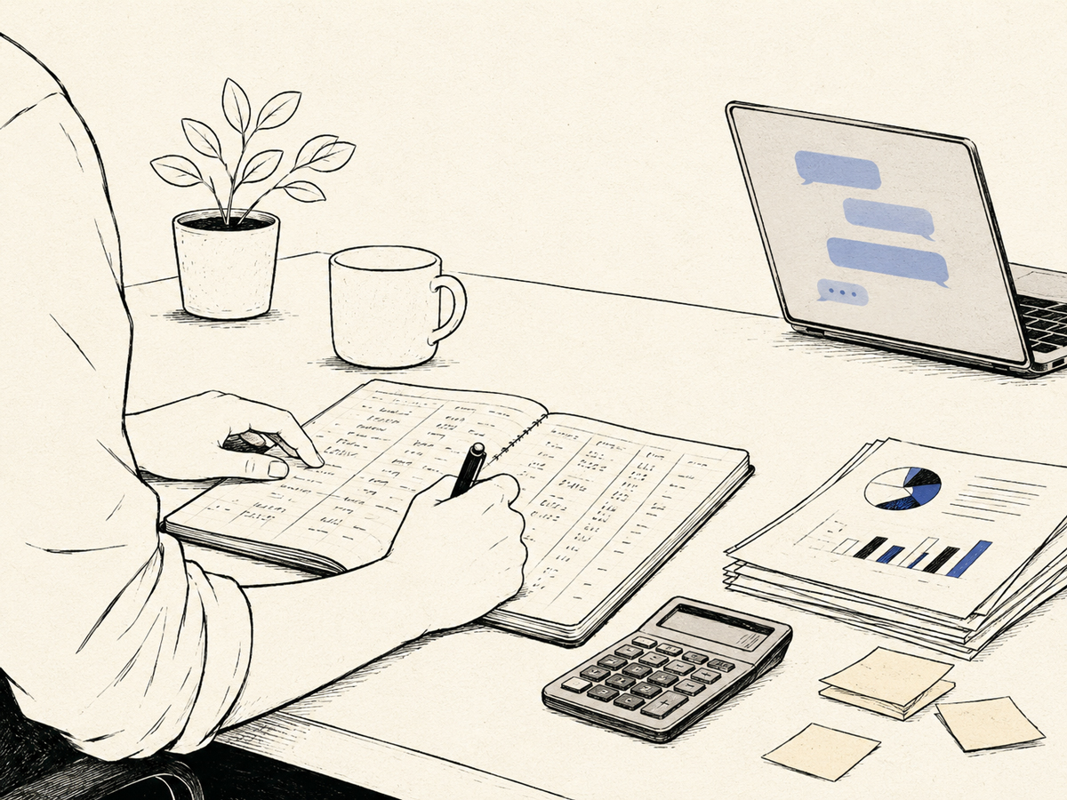 Ilustración: una persona vuelve a armar presupuestos a mano, con calculadora y papeles impresos, mientras un chat de IA queda abierto y sin usar en la laptop.